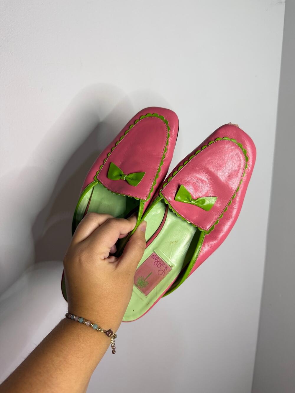 Vintage Lilly Pulitzer Pink and Green leather mules Size 8